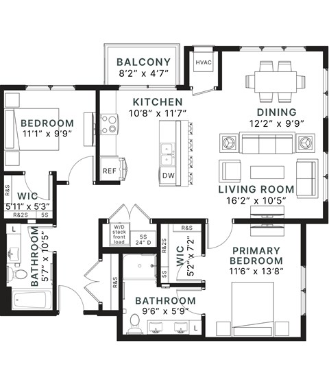 Floor plan for 2 beds, 2 baths, 1207 sqft